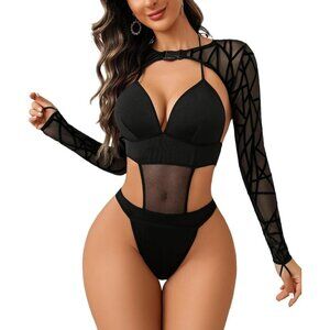 Women Black Festival Sexy Lingerie Bodysuit Buckle Shrug Crop Top Set Outfits